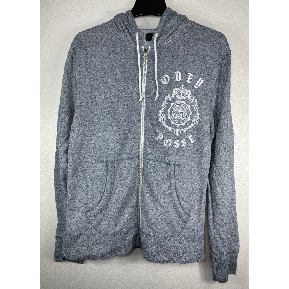 OBEY POSSE Gray Hooded Full Zip Hoodie Men's Size L White Graphic Print Logo